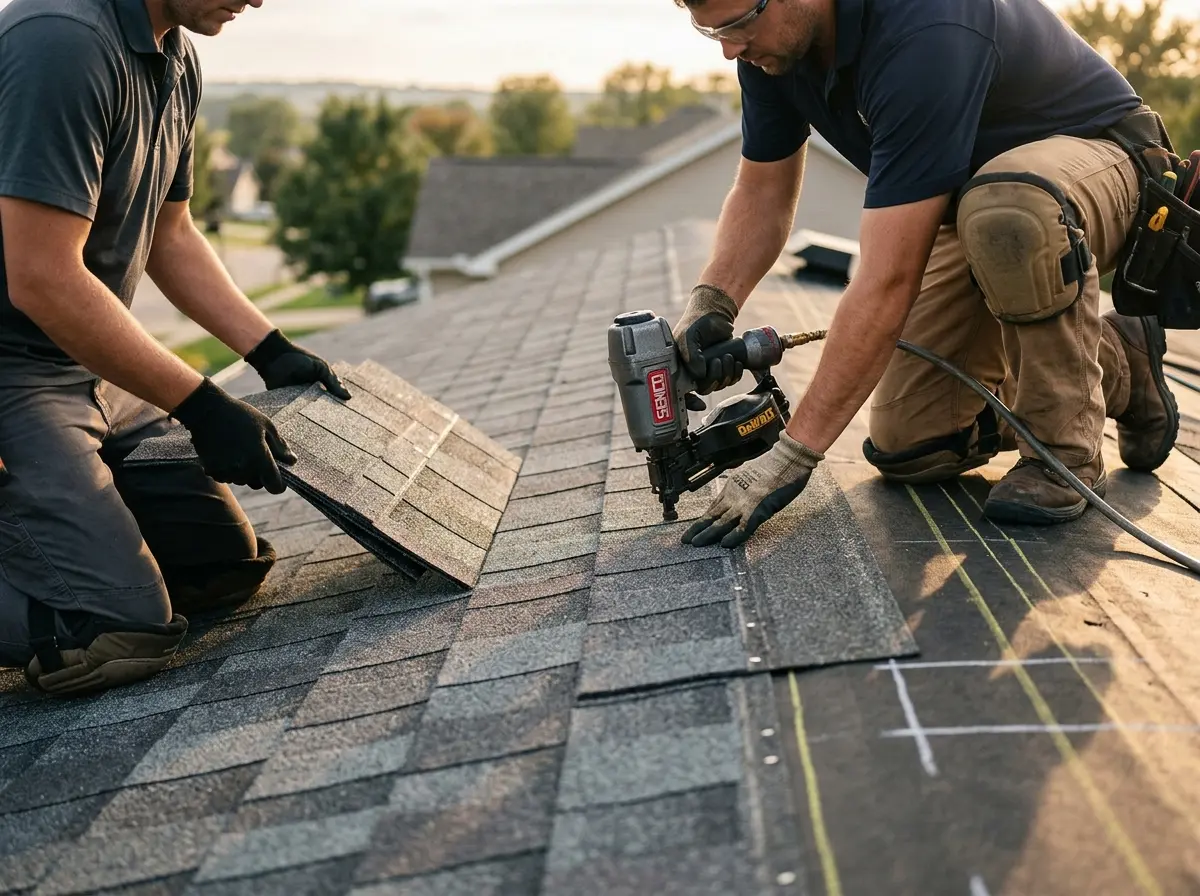Professional roofer working on a residential roof in Everman